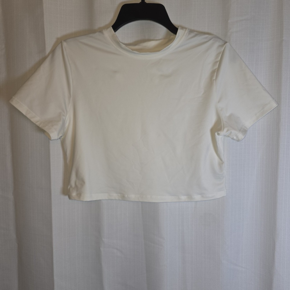 SKIMS Womens XL Cream Cropped T-Shirt Stretch Short Sleeve Minimal Athletic Top